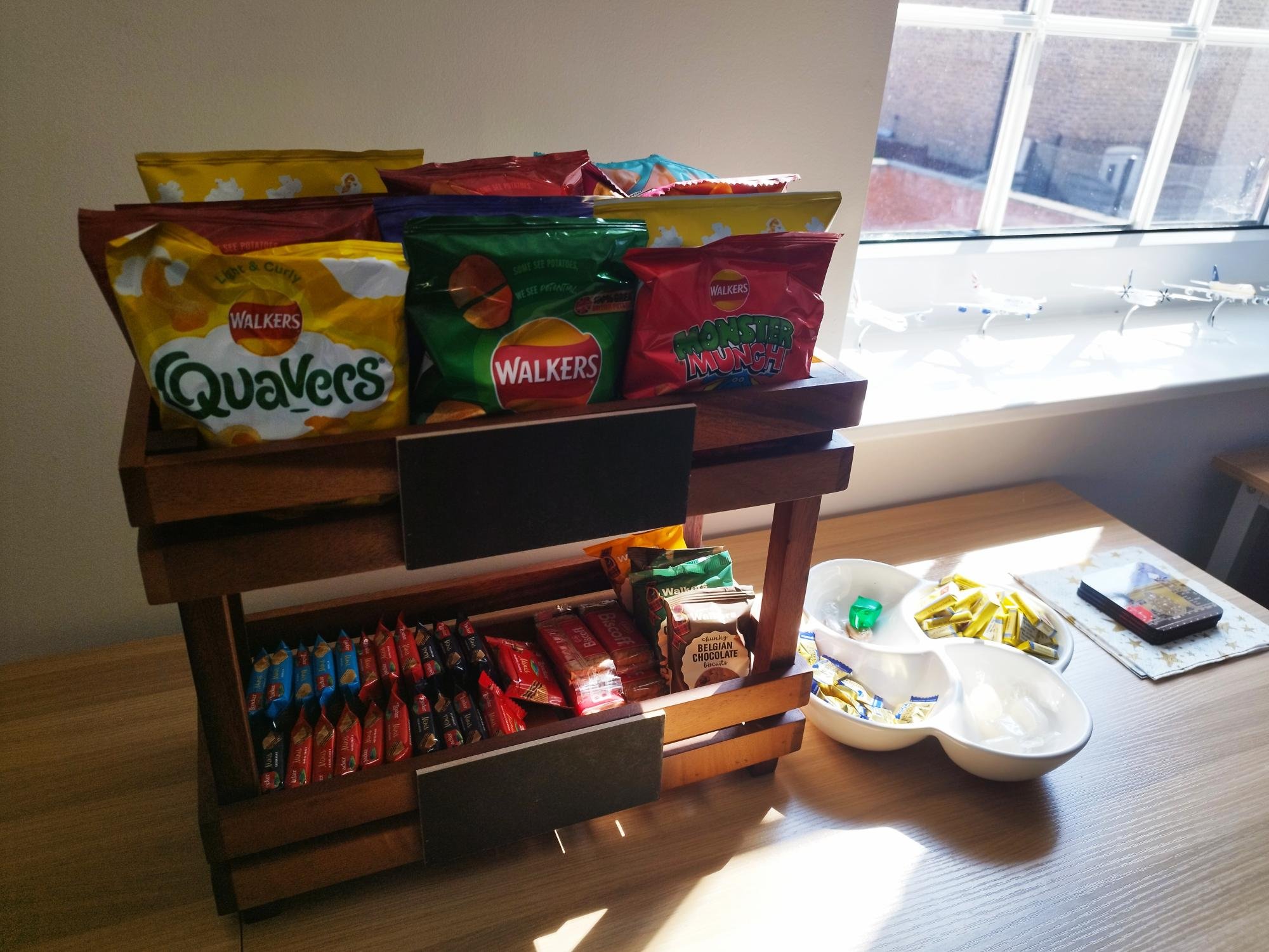 Refreshment station with drinks and snacks, third angle